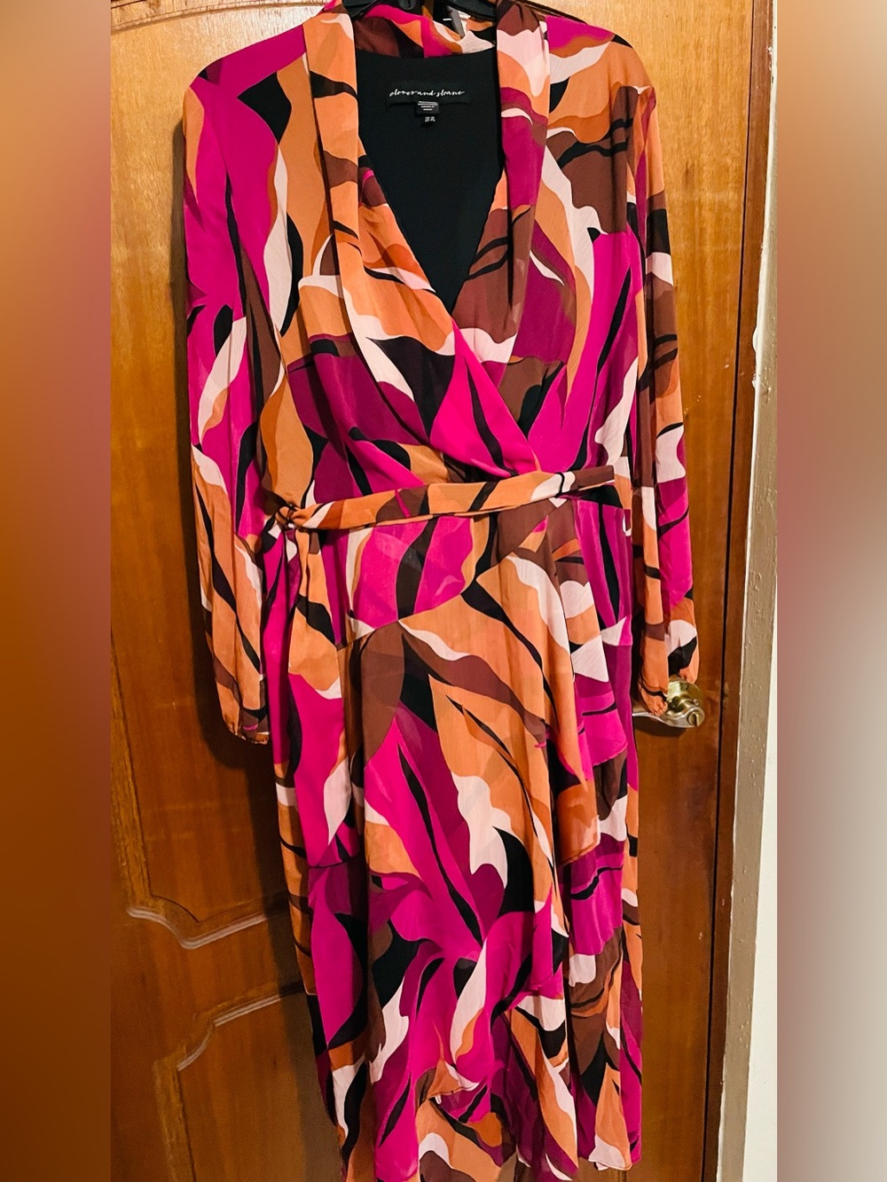 Clover and Sloane Long Sleeve Faux Wrap Dress in Pink & Brown Abstract Print